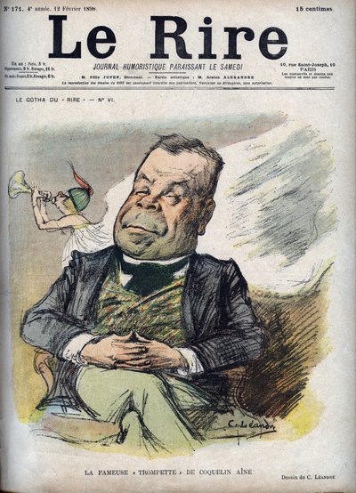 Den berömda trumpeten av Poppy Aine - Porträtt av Constant Poppy kallad Aine Poppy (1841-1904) - - karikatyr av Charles Leandre (1862-1934) i "" The Laughter"" den 12 februari av Charles Leandre