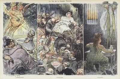 Bedragaren Therese Humberts liv. Illustration för Le Rire av Charles Leandre