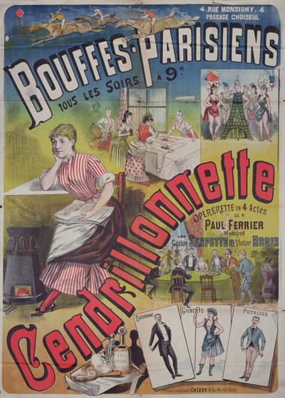 Affisch med reklam för operetten "Cendrillonnette" på Theatre des Bouffes Parisiens, Paris ca. 1890 av Charles Levy