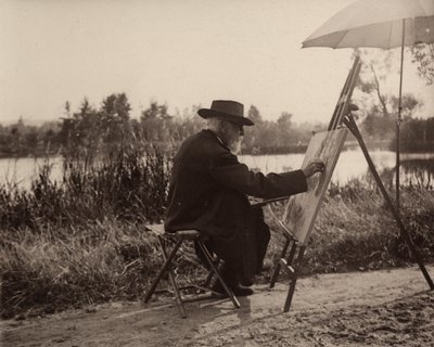 Målaren Lhermitte Léon (1844-1925), medan han arbetade på Marnes sidobank, inte långt från sin egendom, ca 1914-1915, Frankrike av Charles Lhermitte