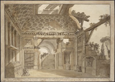Design för målningarna i fader Lesueurs cell i klostret Santissima Trinita dei Monti i Rom - Charles Louis Clerisseau (1722-1820). Penna, pensel, grått och brunt bläck, vit färg på papper, ca 1760. Mått: 36,9x53 cm. State Hermitage, av Charles Louis Clerisseau