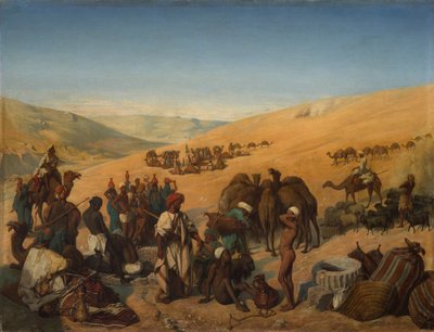 Stopp av karavaner vid brunnarna i Saba Beersheba i öknen söder om Hebron, 1850. av Charles Louis Fredy de Coubertin
