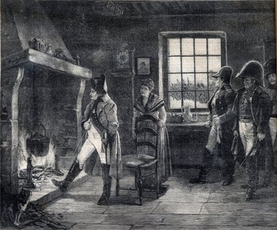 Kejsar Napoleon I värmer sig vid en vedeld i ett snölandskap - Napoleon efter slaget vid Waterloo 1814 - gravyr efter målningen av Charles Louis (Charles-Louis) Kratke (1848-1921) av Charles Louis Kratke