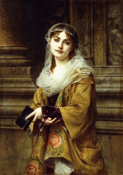 En ung kvinna utanför en kyrka, av Charles Louis Lucien Muller