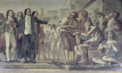 Philippe Pinel 1745-1826 släppte galningar från sina kedjor på asylanstalten Bicetre i Paris 1793, ca 1840-50 olja på duk detalj från 163956 av Charles Louis Lucien Muller