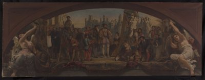 Skiss till Denon-paviljongen i Louvren: Les quatre âges de la vie artistique en France - Presentation för Frans I av planerna för Château de Fontainebleau, ca 1864 (olja på duk) av Charles Louis Lucien Muller