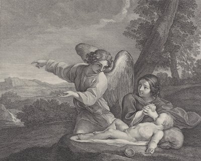 Ängeln som visar sig för Hagar i öknen när hon lägger händerna bredvid sömnen..., 1700-28. av Charles Louis Simonneau