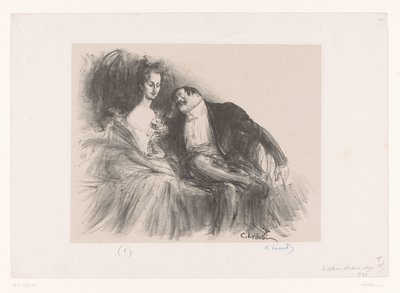 Man med glasögon ser på ung kvinna Le défloreur et la demi-vierge av Charles Lucien Leandre