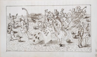 Alice och den röda drottningen spelar krocket, illustration från kapitel IV av "Alice i Underlandet" (penna och bläck på papper) av Charles Lutwidge Dodgson