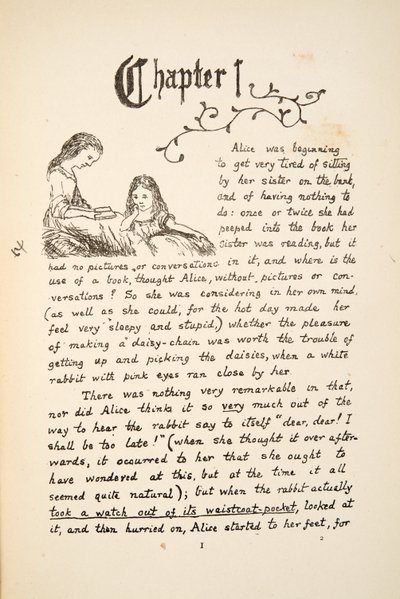 Alice med sin syster, illustration från Alices Adventures Under Ground, pub. 1886 (faksimil) av Charles Lutwidge Dodgson