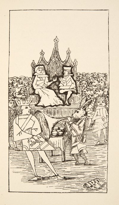 Rättegång av hjärtans knep, illustration från Alices Adventures Under Ground, pub. 1886 (faksimil) av Charles Lutwidge Dodgson