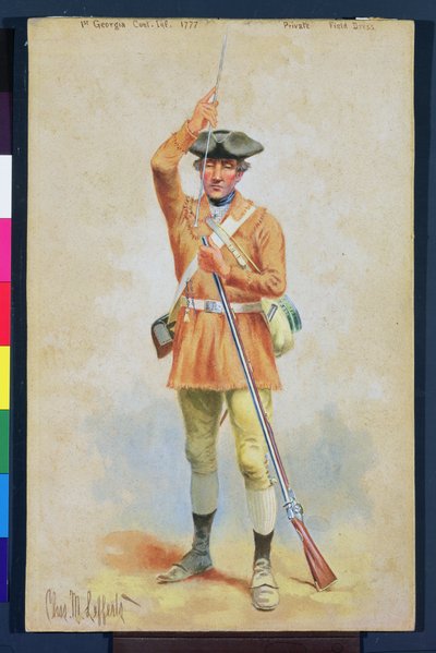 Uniformer of the American Revolution: 1777 Private Field Dress from the 1st Georgia Continental Infantry (gouache und wc på papper) av Charles MacKubin Lefferts