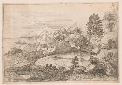 Landskap med helig familj av Charles Macé (attributed to)