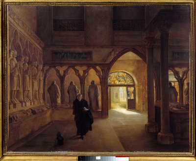Skulpturrummet från 1300-talet på Musee des Monuments Français Den franska arkeologen Marie Alexandre Lenoir (1761-1839) i förgrunden. Målning av Charles Marie Bouton (1781-1853) 1815 Sön. 0,6x0,73 m Paris. Carnavalet Museum av Charles Marie Bouton