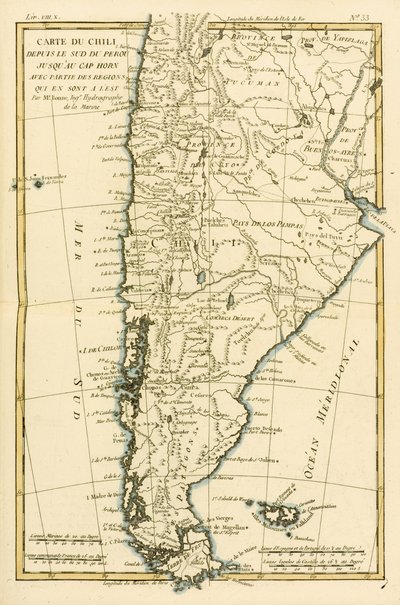 Chile, från södra Peru till Kap Horn, från "Atlas de Toutes les Parties Connues du Globe Terrestre" av Guillaume Raynal (1713-96) utgiven i Genève 1780. av Charles Marie Rigobert Bonne