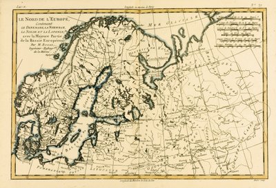 Norra Europa, inklusive Danmark, Norge, Sverige och Lappland, med större delen av västra Ryssland, från Atlas de Toutes les Parties Connues du Globe Terrestre av Guillaume Raynal (1713-96) publicerad Genève, av Charles Marie Rigobert Bonne
