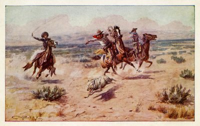 Cowboys som jagar en prärievarg av Charles Marion Russell