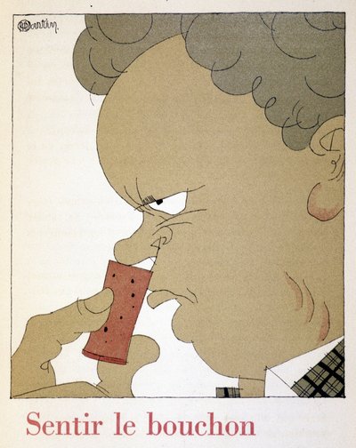 Att känna korken - i ""Monseigneur le vin", teckning av Charles Martin (1884-1934), Etablissements Nicolas-häftet av Charles Martin