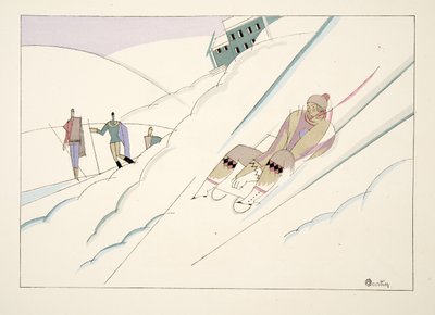 Släde, från Sports & Entertainment, pub. 1914 (stenciltryck) av Charles Martin