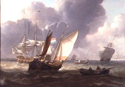 Holländska tremästare och små hantverk i en dyning av Charles Martin Powell