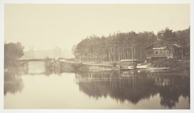 Utan titel, c. 1850. [Bro och stuga i Bois de Boulogne, en park i Paris]. av Charles Marville