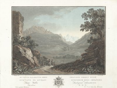 Berglandschap i Schweiz Utsikt över Oberhashi-dalen (titel på objekt) Anmärkningsvärd utsikt över bergen i Schweiz (serietitel) av Charles Melchior Descourtis