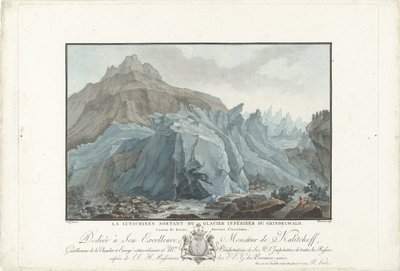 Gletsjer vid Grindelwald Lutchinen som kommer från den nedre Grindelwaldglaciären. Kantonen Bern, provinsen Interlaken (titel på objekt) Anmärkningsvärd utsikt över bergen i Schweiz (serietitel) av Charles Melchior Descourtis