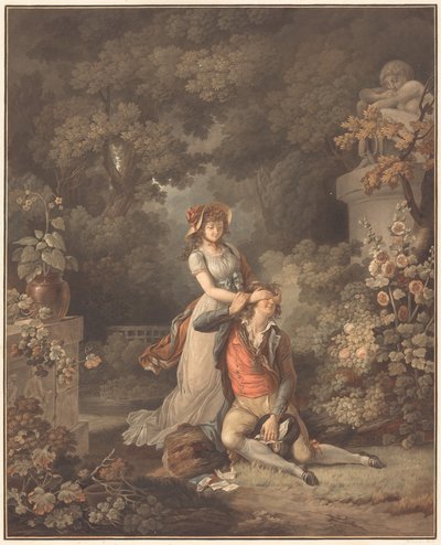 Den förvånade älskaren av Charles Melchior Descourtis after Jean Frederic Schall