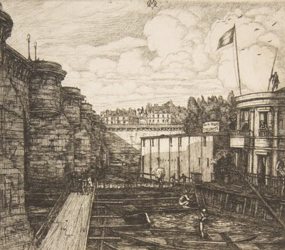 Bain-froid Chevrier Chevriers kallbadsanläggning, eller The School Baths, Paris, 1864. av Charles Meryon