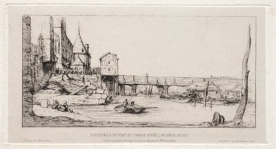 Gångbro som tillfälligt ersätter Exchange Bridge, Paris, efter branden 1621 av Charles Meryon