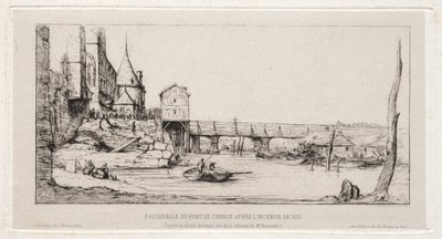 Gångbro som tillfälligt ersätter Exchange Bridge, Paris, efter branden 1621, 1860. av Charles Meryon