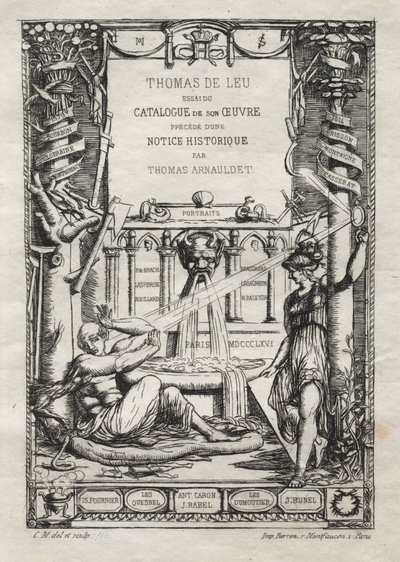 Frontispice för en katalog över gravyrerna av Thomas de Leu, 1866. av Charles Meryon