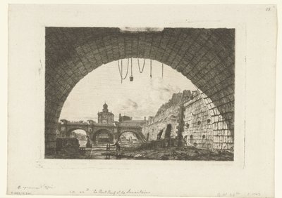 Se över Pont-Neuf under boog Pont-au-Change i Paris Pont Neuf och Samaritaine från under den första bågen av Pont au Change av Charles Meryon