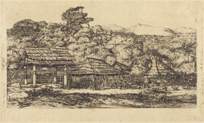 Inhemska lador och hyddor i Akaroa, Banks-halvön, 1845 av Charles Meryon