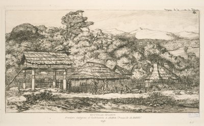 Inhemska spannmålsmagasin och bostäder på Akaroa, Banks Peninsula, illustration från "Etchings of the Pacific" av Charles Meryon