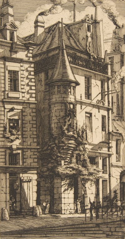 Hus med ett torn, rue de la Tixéranderie, Paris, 1852. av Charles Meryon