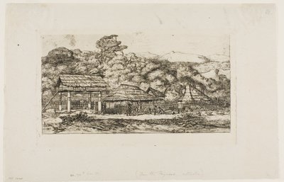 Infödingarnas baracker och hyddor i Akaroa, Banks halvö, 1845 av Charles Meryon