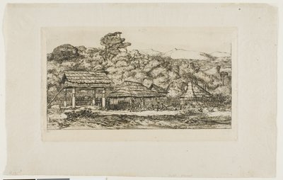 Infödingarnas baracker och hyddor i Akaroa, Banks halvö, 1845 av Charles Meryon