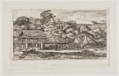 Infödingarnas baracker och hyddor i Akaroa, Banks halvö, 1845 av Charles Meryon