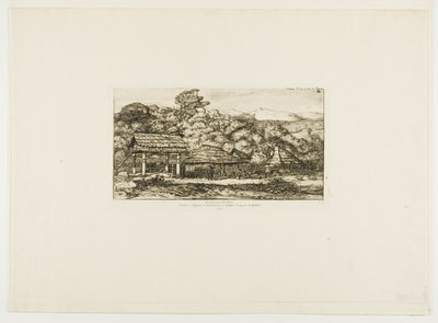 Infödingarnas baracker och hyddor i Akaroa, Banks halvö, 1845 av Charles Meryon