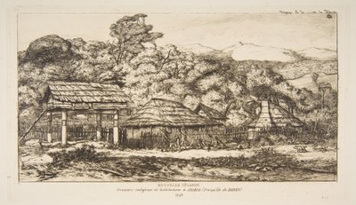 Inhemska lador och hyddor vid Akaroa, Banks Peninsula, 1845, ur "Resan till Nya Zeeland (1842-46)" av Charles Meryon