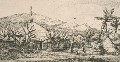 Nya Kaledonien, Nya Kaledonien: stor inhemsk hydda på gångvägen till Poepo, illustration från "Etching of the Pacific...", 1863 av Charles Meryon