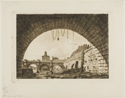Pont-Neuf och Samaritaine sett från under den första bågen av Pont-au-Change, Paris av Charles Meryon