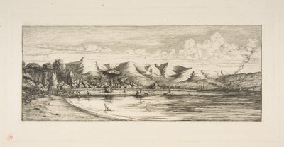 Bankshalvön, Pointe des Charbonniers, Akaroa (Fiske efter sej utanför Colliers’ Point, Akaroa, Bankshalvön, 1845), ur ”The Voyage to New Zealand (1842–46)” av Charles Meryon
