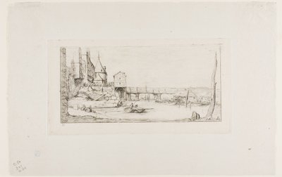Gångbron som tillfälligt ersätter Pont-au-Change, Paris, efter branden 1621 av Charles Meryon