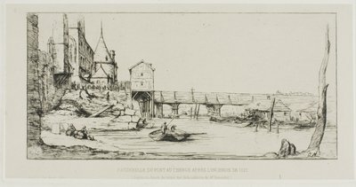 Gångbron som tillfälligt ersätter Pont-au-Change, Paris, efter branden 1621 av Charles Meryon