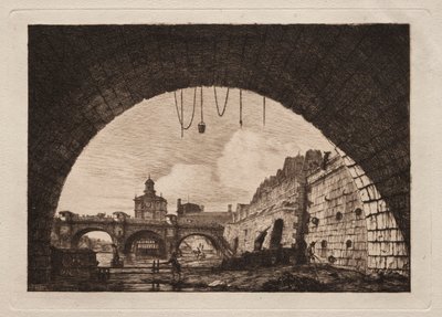 Den nya bron och Samaritaine sett från under den första bågen..., 1855. av Charles Meryon