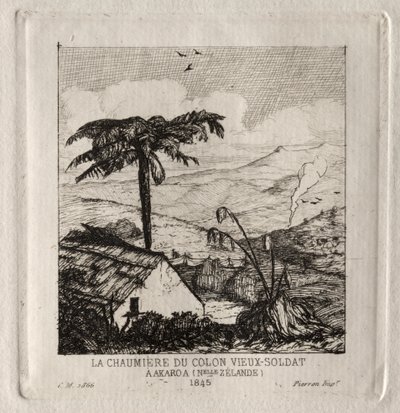 Den gamla soldatens nybyggares hydda i Akaroa, 1845 av Charles Meryon
