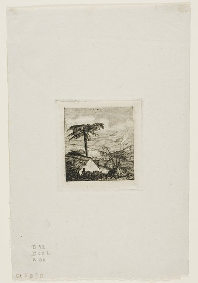 Den gamle soldatens halmtakstäckta stuga, Akaroa, 1845 av Charles Meryon