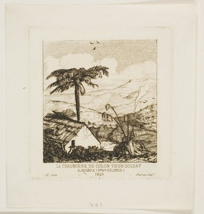 Den gamle soldatens halmtakstäckta stuga, Akaroa, 1845 av Charles Meryon